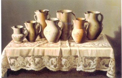 Jarras blancas con puntillas, �leo sobre tela, 100 x 73 cms.